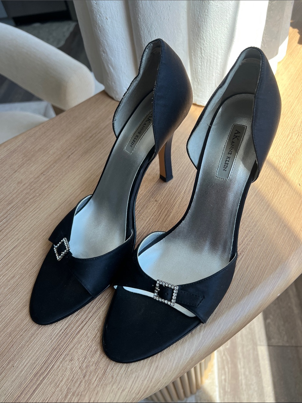 Anne Klein Black D'Orsay Open-Toe Heels with Rhinestone Buckle